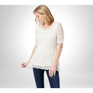 Isaac Mizrahi Live! XS Pearl White Elbow-Sleeve Stretch Lace Peplum Knit Top